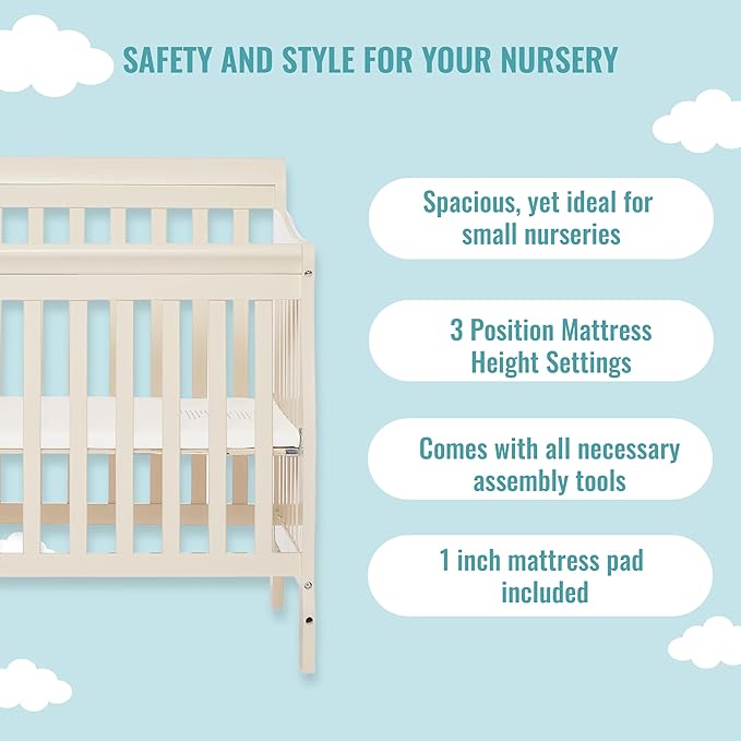 Aden 4-in-1 Convertible Mini Crib In French White, Greenguard Gold Certified, Non-Toxic Finish, New Zealand Pinewood, With 3 Mattress Height Settings