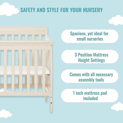 Aden 4-in-1 Convertible Mini Crib In French White, Greenguard Gold Certified, Non-Toxic Finish, New Zealand Pinewood, With 3 Mattress Height Settings