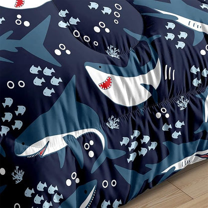 Shark Comforter Set for Bedroom - 3Pcs Boys Shark Bedding Set for Bedroom Cute Cartoon Shark Comforter Set for Kids Sea Animals Theme Boys Room Decor with 1 Comforter + 2 Pillowcases, Queen Size