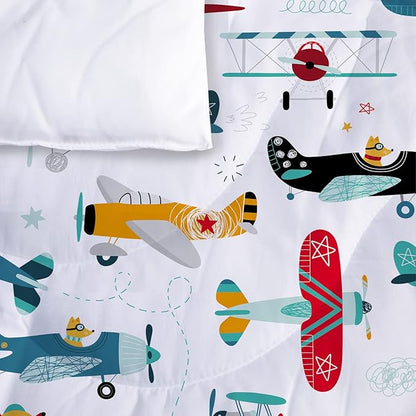 Kids Airplane Comforter Set Twin Size Colorful Cartoon propeller plane Bedding Set Kids Boys Teens Young Man Cartoon Airplanes Down Comforter Aviation Theme Duvet Bedroom Decor