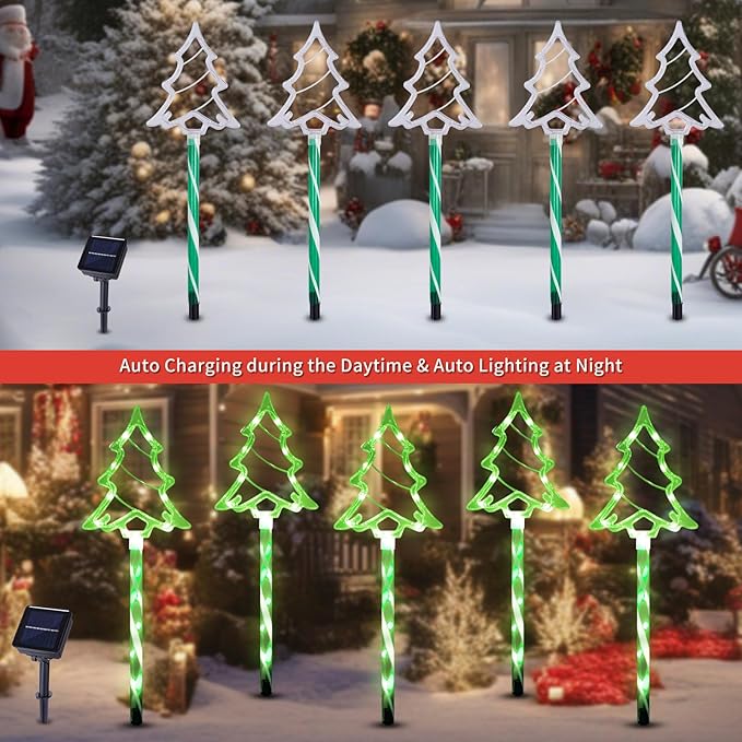 Solar Christmas Pathway Lights Outdoor Decorations, 8 Modes Xmas Tree Candy Lights Waterproof Led Garden Stake Lights for Walkway Yard Lawn Porch Holiday Decor 5-Pack (Green Xmas Tree Lights)