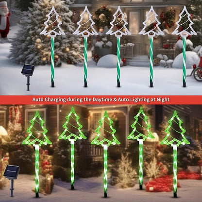 Solar Christmas Pathway Lights Outdoor Decorations, 8 Modes Xmas Tree Candy Lights Waterproof Led Garden Stake Lights for Walkway Yard Lawn Porch Holiday Decor 5-Pack (Green Xmas Tree Lights)