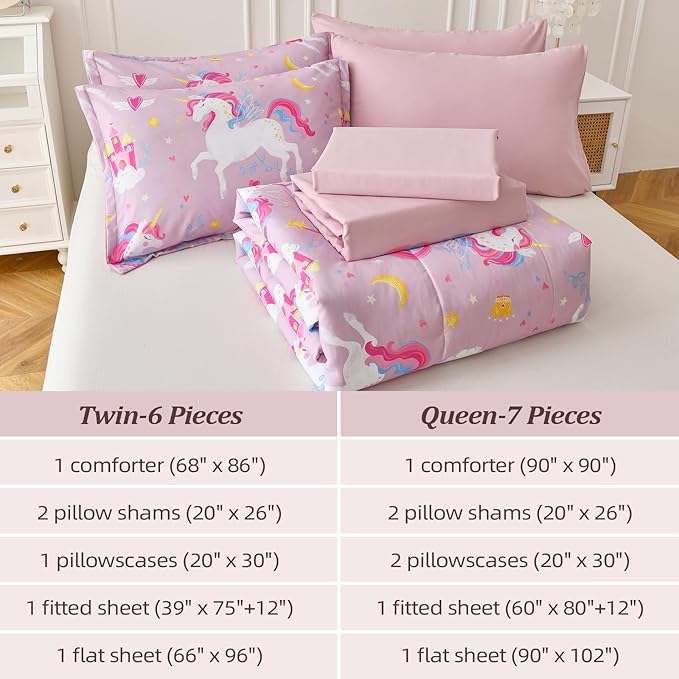 Kids Comforter Twin Bedding Sets for Girls, 6 Pieces Bed in a Bag with Shams, Sheet Set, Pink Unicorn Double Soft Microfiber Kids Comforter Bedding Set