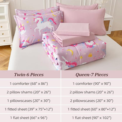 Kids Comforter Twin Bedding Sets for Girls, 6 Pieces Bed in a Bag with Shams, Sheet Set, Pink Unicorn Double Soft Microfiber Kids Comforter Bedding Set