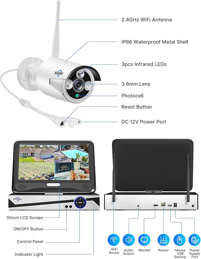 [10CH Expandable] Hiseeu Wireless Security Camera System with 10in LCD 4K Monitor, 4Pcs 5MP Outdoor Indoor Cameras with One-Way Audio, Waterproof, Motion Detect, 1TB HDD/Cloud Storage, Work with Alexa