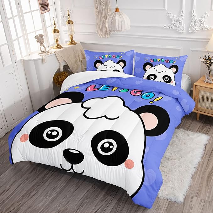 Datura home Panda Comforter Bedding Set for Boys Girls Kids Teens,Cartoon Panda Blue Heart Kawaii Animal Theme with 1 Comforter and 2 Pillowcases(Panda Twin)