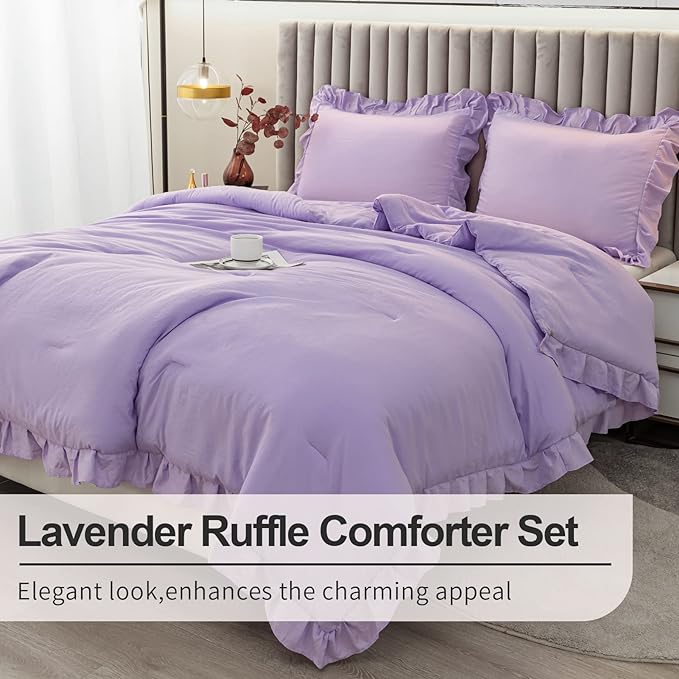 Andency Lavender Ruffle Comforter Full(79x90Inch), 3 Pieces(1 Ruffled Comforter and 2 Pillowcases) Solid Farmhouse Shabby Chic Comforter, Vintage Rustic Soft Microfiber Bedding Set