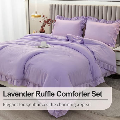 Andency Lavender Ruffle Comforter Full(79x90Inch), 3 Pieces(1 Ruffled Comforter and 2 Pillowcases) Solid Farmhouse Shabby Chic Comforter, Vintage Rustic Soft Microfiber Bedding Set