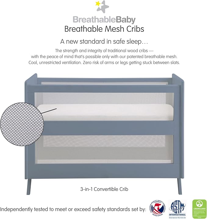BreathableBaby Breathable Mesh 3-in-1 Convertible Crib (Toddler Bed Kit Sold Separately) — Steel Gray — Two Adjustable Mattress Heights — Greenguard Gold Certified