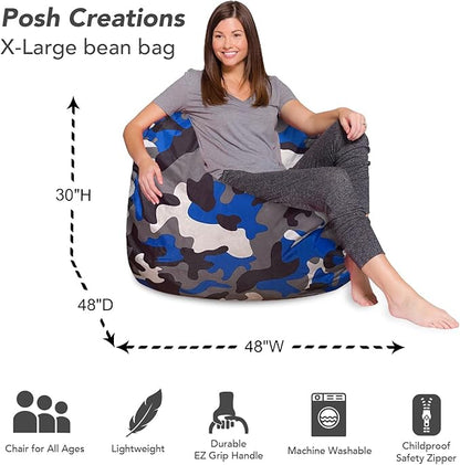 Posh Creations Bean Bag Chair for Kids, Teens, and Adults Includes Removable and Machine Washable Cover, Soft Nylon - Camo Blue and Brown, 48in - X-Large