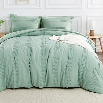 ENJOHOS Sage Green Full Size Comforter Set Boho Bedding Full for Teen Girls, 3 PCS Tufted Comforter with Pom Pom Design for All Season Lightweight Soft Microfiber Comforter with 2 Pillow Cases