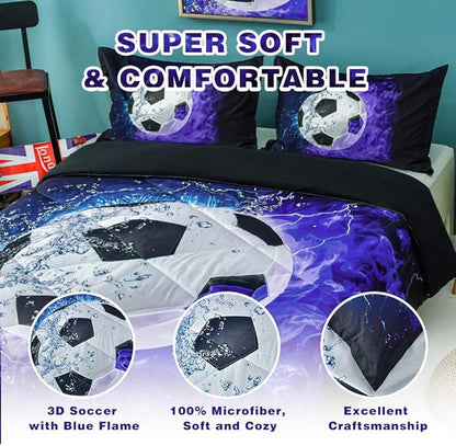 Andency Soccer Comforter Twin(66x90 Inch), 2 Pieces(1 Soccer Comforter, 1 Pillowcase) Blue Flame Soccer Comforter Set Sport Microfiber Bedding Set for Boy Girl Kids, Teen