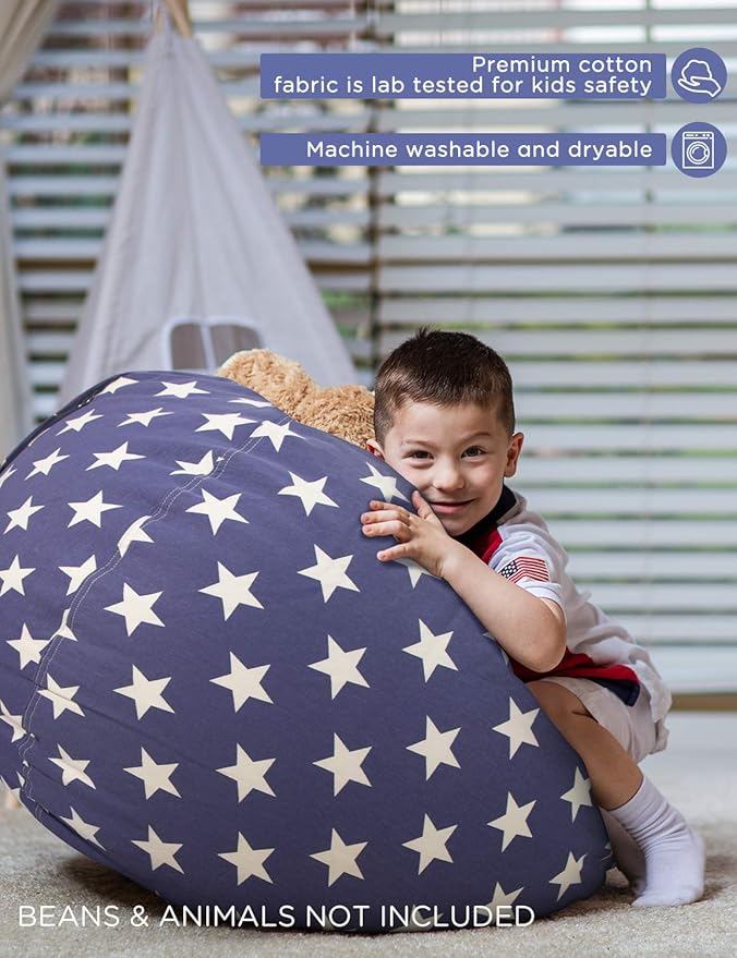 Aubliss Stuffed Animal Storage Bean Bag Chair Cover (No Beans)，Stuff and Sit Storage Bean Bag for Kids Toy Storage, Medium 32"-Canvas Stars Royal Blue