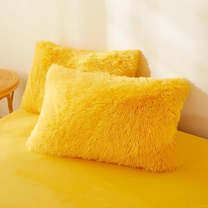 FOPPA Yellow Plush Fluffy Comforter Cover Set Queen - Ultra Soft Faux Fur Yellow Bedding Sets 3 Pieces (1 Shaggy Duvet Cover + 2 Pillow case) Fuzzy Bed Set (Yellow, Queen)