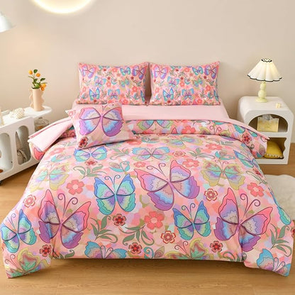 Butterfly Bedding Set Twin, Pink Butterfly Comforter Set for Girls Kids Teens 6 pcs Bed in a Bag Twin Bedding Sets for Girls