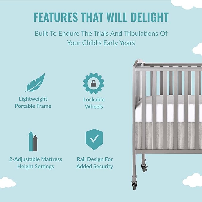 Folding Full Size Convenience Crib In Storm Grey, Two Adjustable Mattress Height Positions, Comes With Heavy Duty Locking Wheels, Flat Folding