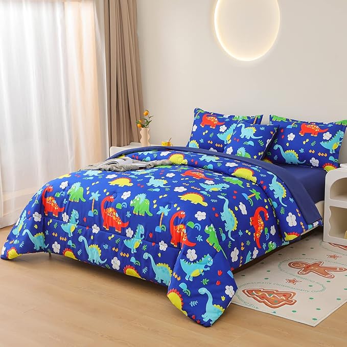 Dinosaur Comforter Set for Boys, 6 Pcs Bed in a Bag Twin Blue Dinosaur Wild Park Jungle Print Kids Bedding Set with Sheets