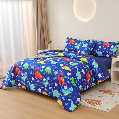 Dinosaur Comforter Set for Boys, 6 Pcs Bed in a Bag Twin Blue Dinosaur Wild Park Jungle Print Kids Bedding Set with Sheets