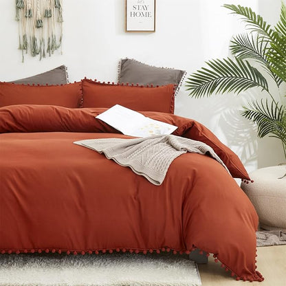 Burnt Orange Comforter Set King Size Rust Pom Comforter 3 PCs Burnt Orange Boho Ball Pom Fringe King Comforter Bedding Set Women Solid Terracotta King Bed Comforter Set All Season Gift