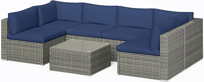SUNVIVI OUTDOOR 7 Piece Patio Furniture Sets All Weather Gery PE Wicker Couch Sofa with Glass Table, Removable Navy Cushions