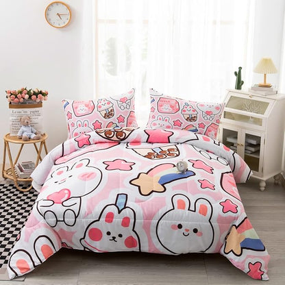 CVHOUSE Kawaii Bedding Full Size,Kawaii Rabbit Bedding Set for Girls Kids,Cute Rabbit Comforter Set Kawaii Rabbit Duvet Set Rabbit Pattren Quilt Set Girls Room Decor 3 Pieces