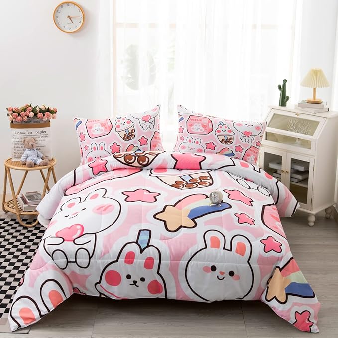 CVHOUSE Kawaii Bedding Queen Size,Kawaii Rabbit Bedding Set for Girls Kids,Cute Rabbit Comforter Set Kawaii Rabbit Duvet Set Rabbit Pattren Quilt Set Girls Room Decor 3 Pieces