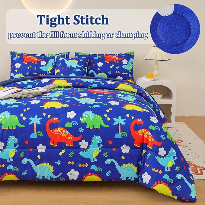 Dinosaur Comforter Set for Boys, 6 Pcs Bed in a Bag Twin Blue Dinosaur Wild Park Jungle Print Kids Bedding Set with Sheets