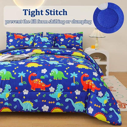 Dinosaur Comforter Set for Boys, 6 Pcs Bed in a Bag Twin Blue Dinosaur Wild Park Jungle Print Kids Bedding Set with Sheets