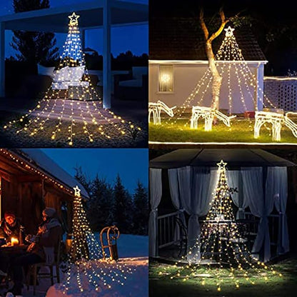PUHONG Christmas Decoration Outdoor Star String Lights,16.4Ft Christmas Tree Toppers Lights 320 LED 8 Memory Modes with 14" Lighted Star for Halloween Christmas New Year Holiday Birthday(Warm White)