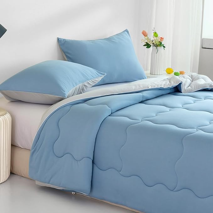 COTTEBED Reversible Light Blue and Grey Bed Comforter Twin Set, Jersey Knit T-Shirt Feel Ultra-Soft Lightweight Bedding Blanket Quilt & Pillowcase for Kid Boy Girl College Dorm All Season(Twin/TwinXL)