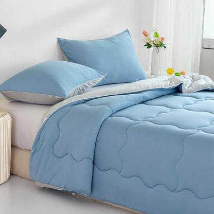 COTTEBED Reversible Light Blue and Grey Bed Comforter Twin Set, Jersey Knit T-Shirt Feel Ultra-Soft Lightweight Bedding Blanket Quilt & Pillowcase for Kid Boy Girl College Dorm All Season(Twin/TwinXL)