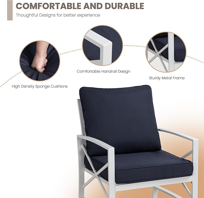 Shintenchi 3 Piece White Metal Outdoor Furniture Sectional Set, Modern Outdoor Metal Chair Conversation Furniture Set with Coffee Table for Patio,Backyard,Balcony (Dark Blue)