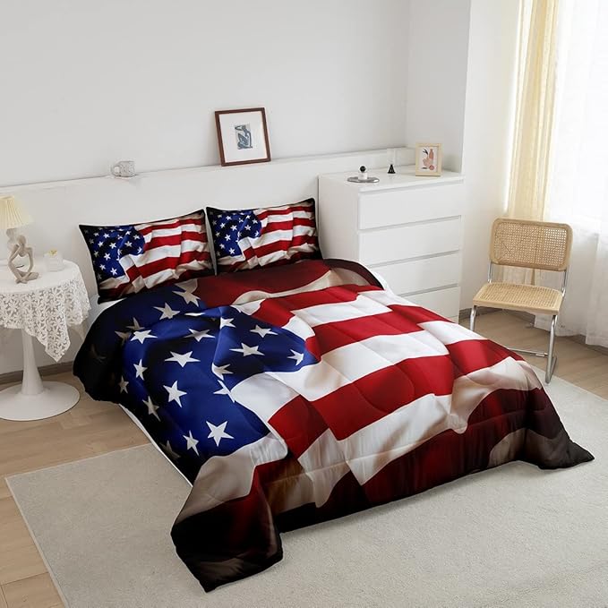 Erosebridal American Flag Comforter Set, United States Down Comforter Twin Size for Kids Boys Teens, USA Federations Stars Bedding Set Geometric Stripes Quilted Duvet for Bedroom, Blue White and Red