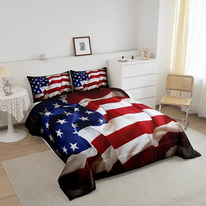 Erosebridal American Flag Comforter Set, United States Down Comforter Full Size for Kids Boys Teens, USA Federations Stars Bedding Set Geometric Stripes Quilted Duvet for Bedroom, Blue White and Red