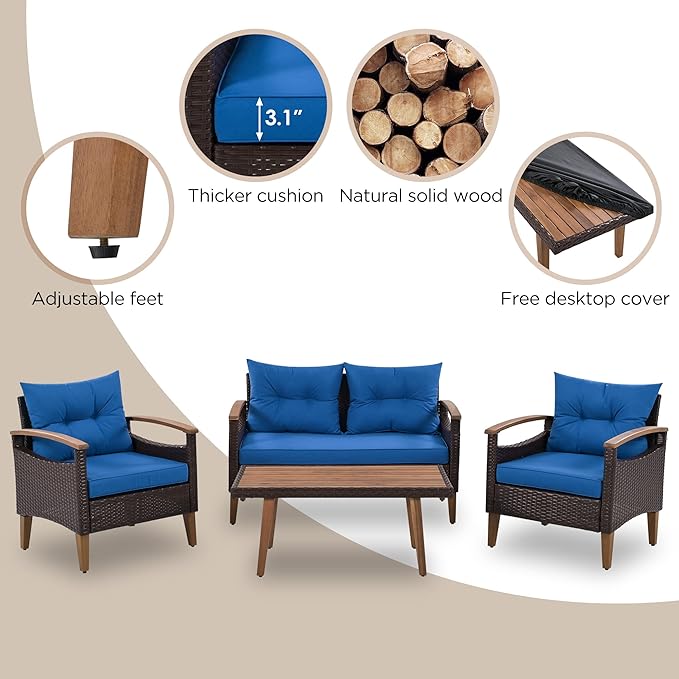 Merax Patio Furniture Sets 4 Pieces, All Weather Outdoor PE Rattan Sofa with Wood Table and Legs, for Lawn, Backyard, Poolside or Garden, Blue
