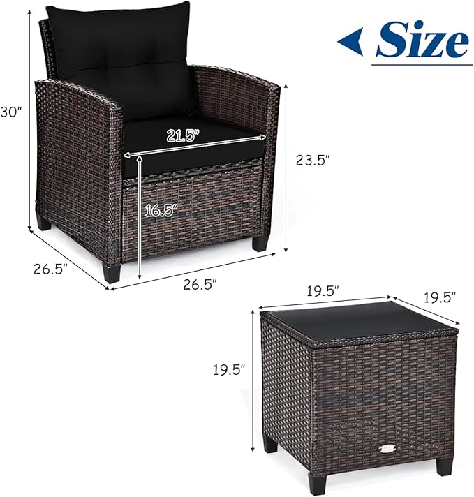 3 PCS Patio Furniture Set, OneSize, Black