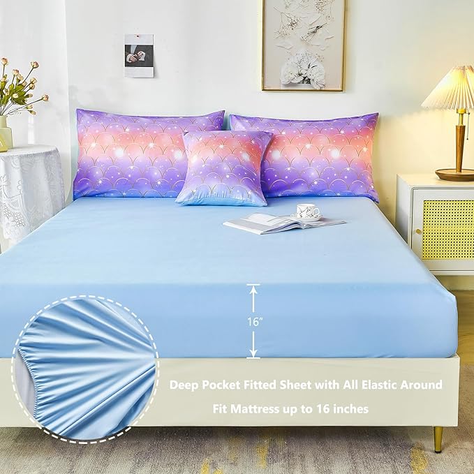 PERFEMET Mermaid Scales Queen Comforter Set 6 Pieces Purple Orange Comforter for Queen Size Bed Teen Girls Glitter Bedding Set Rainbow Tie Dye Bed in A Bag