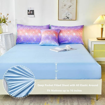 PERFEMET Mermaid Scales Queen Comforter Set 6 Pieces Purple Orange Comforter for Queen Size Bed Teen Girls Glitter Bedding Set Rainbow Tie Dye Bed in A Bag