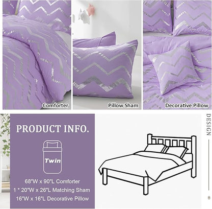 Purple/Silver Comforter Set Twin, Lavender Metallic Print Glitter Bedding Set Cute Shinny Lilac Bed Sets for Teen Girls Kids Women, 3 Piece (1 Pillowcase, 1 Decorative Pillow Sham)