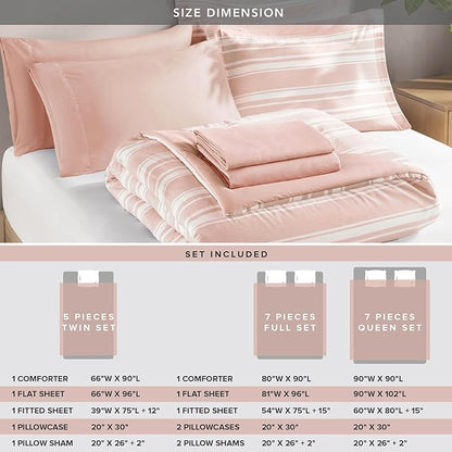 Codi Teen Girl Bedding Full Size, Pink Striped Bed in a Bag Reversible All Season Bed Set, 7 Piece Comforter Set with 2 Pillow Shams, Flat Sheet, Fitted Sheet and 2 Pillowcases