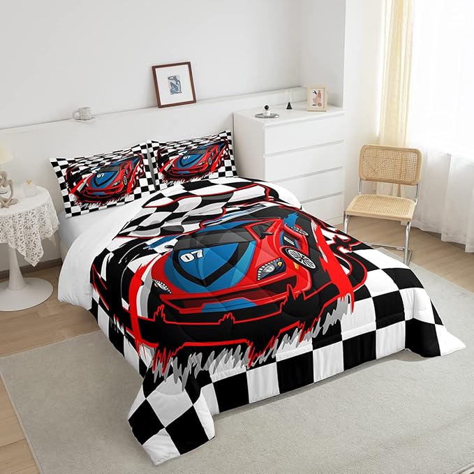 Red Race Car Bedding Set Twin Size Cool Racing Car Comforter Set Competition Extreme Sports Game Down Comforter For Kids Boys Girls Teens Bedroom Decor Plaid Pattern Duvet Insert With 1 Pillowcase