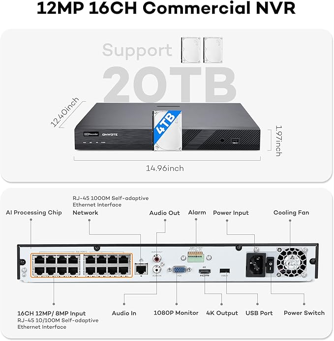 ONWOTE 16 Channel 4K PoE Security Camera System, 12MP 16CH Commercial NVR 4TB, 16x 8MP 134° Outdoor IP Cameras with Audio, AI Detect Human Vehicle, 100ft 60ft Ethernet Cables, Wired CCTV for Business