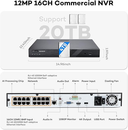 ONWOTE 16 Channel 4K PoE Security Camera System, 12MP 16CH Commercial NVR 4TB, 16x 8MP 134° Outdoor IP Cameras with Audio, AI Detect Human Vehicle, 100ft 60ft Ethernet Cables, Wired CCTV for Business