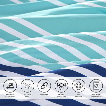Comfort Spaces Full Comforter Sets with Sheets - Bed in a Bag 9 Pieces Teen Bedding Sets Full, Navy and Grey Stripes Bedding Full, College Full Bed Set, 2 Side Pocket Bedroom Organizer Full Navy
