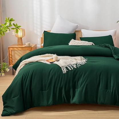 Queen Comforter Set Boho Emerald Green Comforter with 2Pillowcases Soft Microfiber Dark Green 3 Piece Bedding Comforter Set for All Season