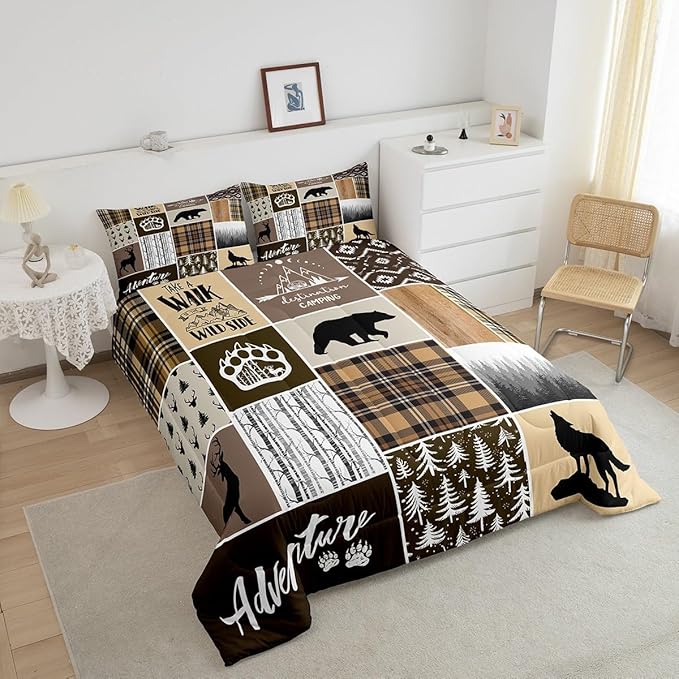 Rustic Farmhouse Kids Comforter Set King Size,Deer Antlers Bear Paws Plaids Patchwork Bedding Set for Boys Girls Adults Room Decor,Pine Trees Xmas Down Comforter,Brown Duvet Insert,2 Pillowcases