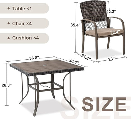 Patio Dining Set for 4, 5PCS Patio Table & Chair Set,Plastic-Wood Table Top with 1.6" Umbrella Hole, All-Weather Wicker Patio Dining Furniture with Removable Cushions for Deck, Lawn, Garden(Beige)