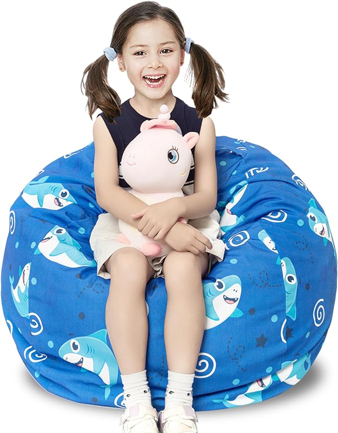Stuffed Animal Storage Bean Bag Chair Cover, Hold Kids Plush Toys Blankets Towels Beanbag (Cover Only), Canvas Floor Circle Stuff Sit Seat Sofa with YKK Zipper, Large 32", Blue Shark