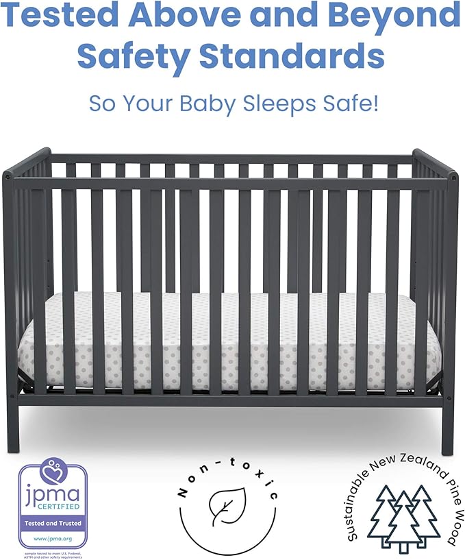 Delta Children Heartland 4-in-1 Convertible Crib, Charcoal Grey + Delta Children Twinkle Galaxy Dual Sided Recycled Fiber Core Crib and Toddler Mattress (Bundle)