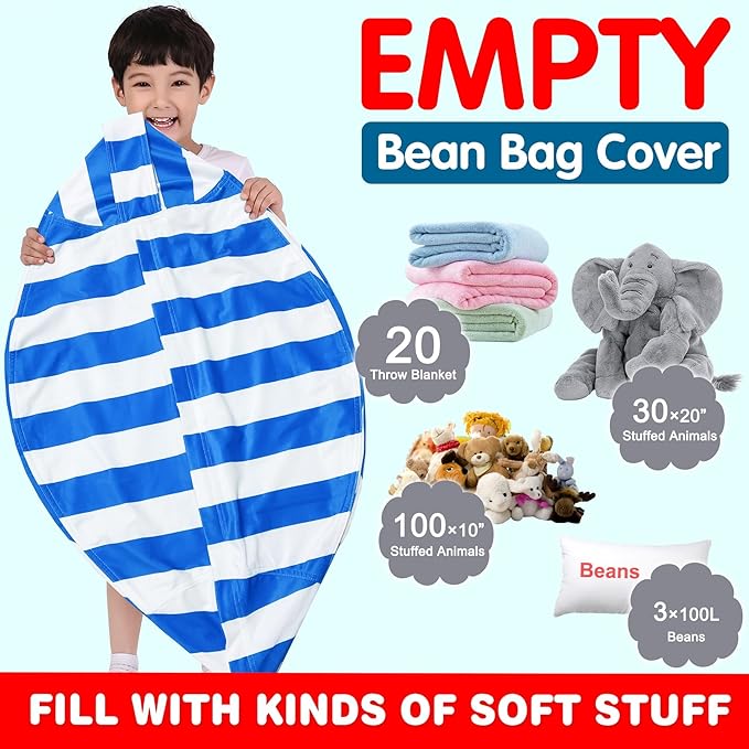 Lukeight Stuffed Animal Storage Bean Bag Chair Cover for Kids, Zipper Beanbag Chair Cover for Organizing Toddler & Kids' Rooms Plush Toys (Blue+White Velvet, XX-Large)